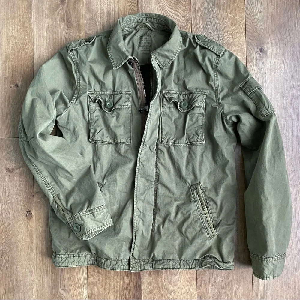 AEO Military Style Field Jacket Mens Medium Olive Green Cotton Blanket Lined - Picture 1 of 9